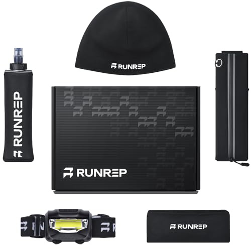 RunRep Laufgeschenke für Männer und Frauen mit Laufstirnlampe, Wasserflasche, Hüfttasche, Stirnband und Kappe