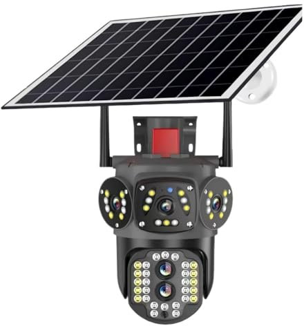 KKENZA Telecamera Solare 4K 8MP for Esterni con Doppio Obiettivo, Telecamera IP Wi-Fi, Visione Notturna PIR, V380 PRO, Monitor di Protezione di Sicurezza CCTV(Solar WiFi ADD 32G)