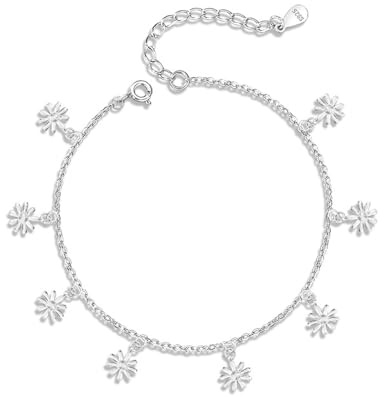 Belons Women Ankle Bracelet Daisy 925 Sterling Silver Girls Anklet Chrysanthemums Flower Charm Bracelet Adjustable Anklet Foot Chain