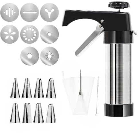 Packool Kit para hacer churros, pistola de acero inoxidable, 8 discos decorativos y 8 puntas de tubería, prensa de galletas con bolsa pastelera, juego de herramientas de postre, churros caseros