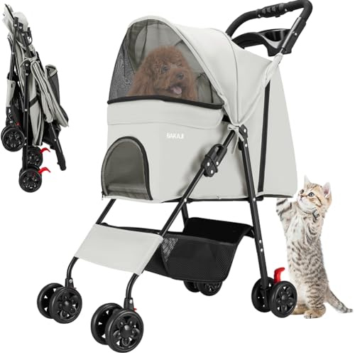 BAKAJI Passeggino per Animali Domestici Carico Massimo 30kg, Carrozzina per Cani e Gatti Pieghevole e Salvaspazio con Cestello Portaoggetti e Ruote Bloccabili, Cappottina Protettiva Anti UV (Grigio)