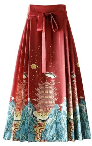 FQLGJMY Women's Horse Face Skirt Pleated Tie Up A-Line Long Printing Skirt Chinese Traditional Costume Ming Dynasty Hanfu