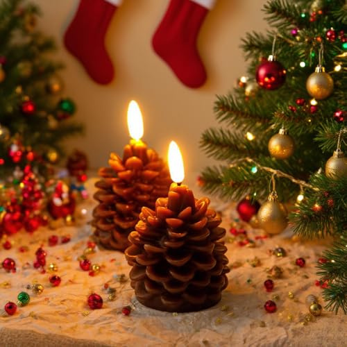 FIENZA 2 Stück Flammenlose Tannenzapfen Kerzen,LED Tannenzapfen Kerzen Flackernde Flamme,Weihnachten Tannenzapfen Kerze Flammenlos Batteriebetrieben (Beige)