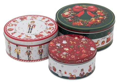 Carousel Home Set of 3 Traditional Christmas Storage Tins | Triple Festive Gnome Round Nesting Tins | Fairy Cake Biscuit Cookie Muffin Treat Storage Set