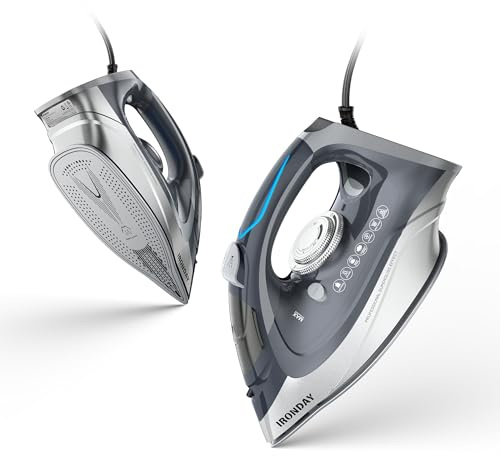 IRONDAY 1700W Steam Iron for Clothes 20s Fast Heat-up, Iron with 10.14oz Water Tank, Non-Stick Ceramic Soleplate, Auto-Off, Spray Mist & Steam Burst, Ironing Clothes for Home