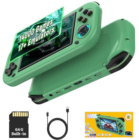 R43S Retro Portable Gaming Console 64GB, Handheld Emulator Games Console with Built in 14000+ Video Games 17+ Emulators, 4.3 Inch HD Screen,3D Joysticks, 2000mAh Battery for Lasting Gaming (Green)