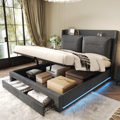 odikalo Bett 180x200cm, Polsterbett mit LED Licht und Schublade, Hydraulisches Bettgestell mit Stauraum, Oberfläche aus Samt, Doppelbett mit Lattenrost, ohne Matratze, Grau