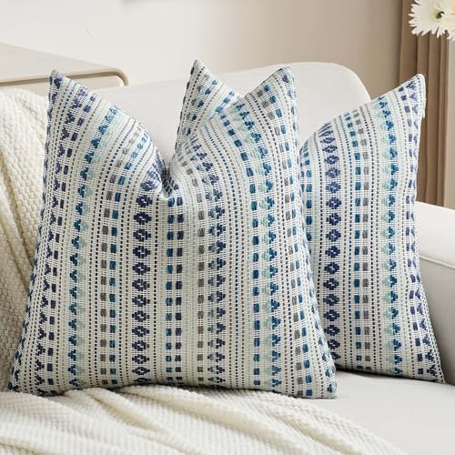 Ystyle Funda Cojin 60x60 (Pack de 2 Unidades), En Suave Tejido de Chenilla Funda Almohada, con Rayas Decorativas de Estilo Rústico, Apta para Sofás de Salón, Azul Gris