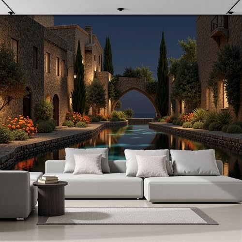 Fotomurales Ciudad Antigua Fluvial 400X280Cm Xxl Papel Pintado Seda Decoración De Pared Murales Azul Oscuro Arquitectura Mediterránea Fotográfico Decorativos Dormitorio Para La Sala