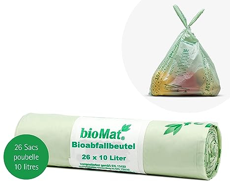 bioMat Sacchetti Compostabili 10l, con Manici per Umido, 26 Sacchi, Qualità Premium, Certificati DINplus, Neutrali dal Punto di Vista Climatico, Made in Germany