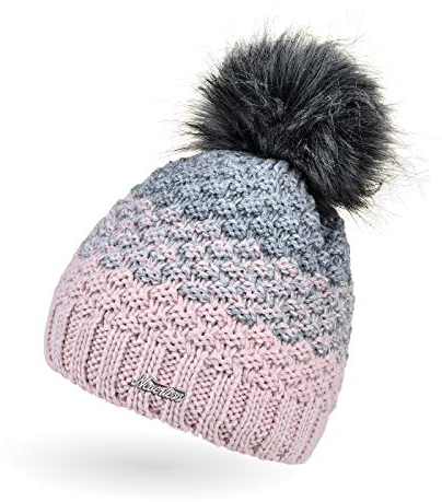Neverless® Damen Strick-Mütze gefüttert Fleece-Innenfutter Fell-Bommel Kunstfell Winter-Mütze Bommelmütze Grobstrick Mehrfarbig rosa-grau