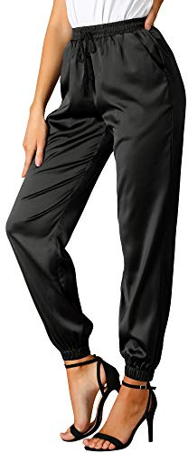 Allegra K Damen-Satin-Sporthose mit Kordelzug, knöchellang, mit Tasche, Schwarz, Small