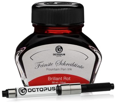 Octopus Fluids Füllhaltertinte im Tintenglas inklusive Konverter, Schreibtinte für Füllhalter, Füllertinte in Brillant Rot 30ml mit Tintenkonverter