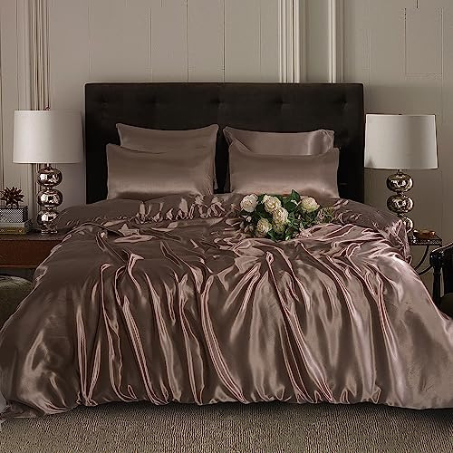 ROOEE Set completo di biancheria da letto in raso di seta, 6 pezzi, lenzuolo con angoli, copripiumino, 4 federe. Colore - Visone - Misura Super King