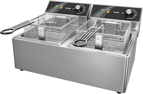 Commercial Deep Fryer Stainless Steel Dual Tank Electric Deep Fryer with 2 Baskets Capacity 2 X 10L Electric Countertop Fryer for Restaurant and Home Use, 120V 3600W