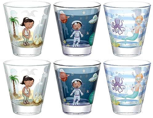 LEONARDO Bambini Avventura Lot de 6 gobelets pour enfant avec motif en verre de qualité supérieure - Taille S - Contenance 215 ml - Passe au lave-vaisselle - Robuste - Lot de 6 avec différents motifs