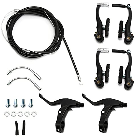 UOIENRT Complete Bike Brake Set Includes Callipers Levers Cables Black, Bicycle Front and Rear Brake Cable, Aluminum Alloy Brake Handlebars and V Bike Brake Kit