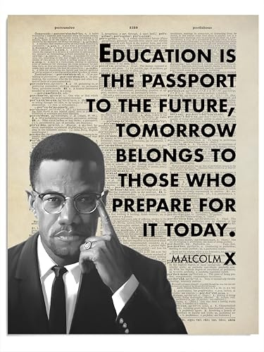 AMERICAN LUXURY GIFTS Malcolm X Education Quote Wall Art Print – Motivational Poster for Students Classroom Dorm Room – Vintage Dictionary Background – 8x10 Unframed