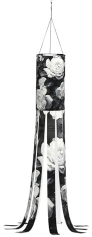 SABFWF Windsack mit schwarz-weißem Rosen-Druck, für Herbst, Winter, Thanksgiving, Outdoor und Geister-Thema, Windsack mit Stange