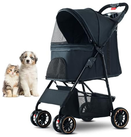RUYICZB Leichter Kinderwagen für Haustiere, atmungsaktiver, Faltbarer Jogger-Hundewagen mit Aufbewahrungskorb, Hundewagen mit Hinterradbremsen zum Spazierengehen