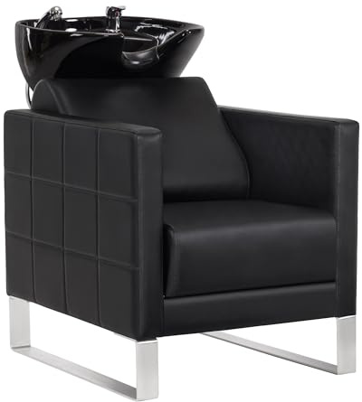 BarberPub Sedia da barbiere con lavandino, base in acciaio inox, lavandino da barbiere in ceramica regolabile, postazione di lavaggio da barbiere 8611 (Nero/Pelle sintetica)