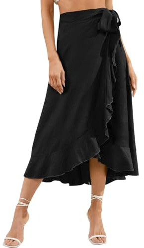 AGYMNX Jupe portefeuille pour femme - Taille haute - Jupe midi irrégulière - Ourlet à volants - Mini jupe plissée avec cordon de serrage - Été - Élégante et polyvalente - Basique, Noir , S-M