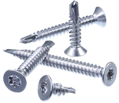 SECCARO Tornillo de chapa de cabeza avellanada, 6,3 x 25 mm, acero inoxidable A2, punta de perforación, ISO 15482 / DIN 7504, TX/Hexagonal, 150 unidades