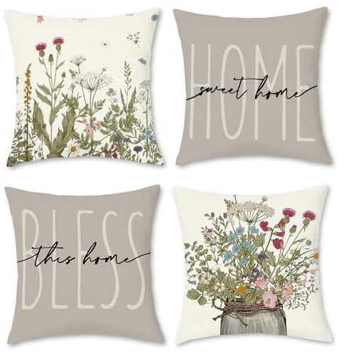 Hopomoon Copricuscini 40x40 Set di 4 decorativi cuscini per divano floreali e botanici Cuscini primavera-estate per divano camera da letto Cuscino da esterno Grigio