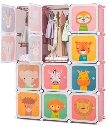 GOPLUS Kleiderschrank Kinder mit 8/12 Würfeln, Kinderregal mit Türen & Aufhängern, Regalsystem aus Kunststoff für Spielzeug, Steckregal für Kinderzimmer, Spielzimmer (mit 12 Würfeln, Rosa)