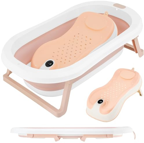 ALMAR Baby Bañera Plegable Bebé hasta 24 meses Rosa con Termómetro en Asiento Reductor para Recien Nacido con Patas Antideslizante Indicador de Temperatura Compacta