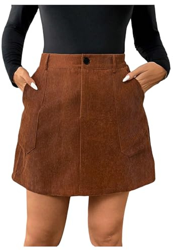 MakeMeChic Women's Plus Size Corduroy Mini Skirt High Waisted Zip Fly A Line Button Fall Winter Skirts Brown X-Large Plus