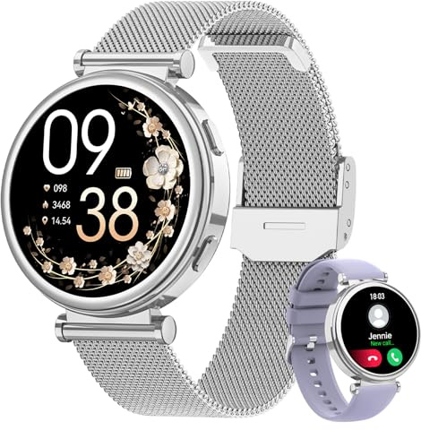Sanorum Smartwatch Damen, 1.27 HD Voll Touchscreen Armbanduhr mit Telefonfunktion, 120+Sportmodi, IP68 Menstruationszyklus SpO2 Pulsuhr Schrittzähler Kalorien Fitness Tracker iOS Android, Silber