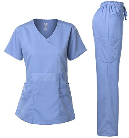 Dagacci Medical Uniform Women's Scrubs Set Stretch Ultra Soft Y-Neck Wrap Top and Pants Ceil Blue XXL