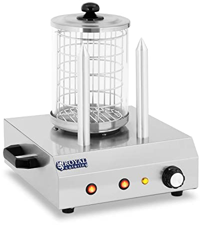 Royal Catering Máquina de Perritos Calientes Hot-Dog Machine con 2 Pinchos RCHW-350-2 (422 W, Temperatura hasta 97 °C, Vidrio templado, Acero inoxidable, Aluminio, 500 ml)