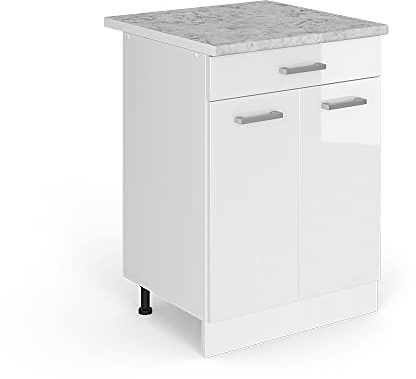 Vicco Küchenunterschrank R-Line, Weiß Hochglanz, 60 cm | 1 Schublade · AP Marmor inkl. · Höhenverstellbare Füße · 2 Türen · ✓ Leichter Zugriff