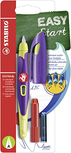 STABILO - Ergonomischer Schulfüller für Rechtshänder mit Anfänger-Feder A - EASYbirdy in violett/gelb - Einzelstift - inklusive Patrone und Einstellwerkzeug - Schreibfarbe blau (löschbar)