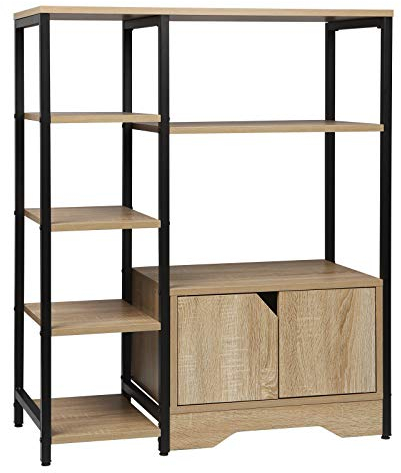 WOLTU Bücherregal, Standregal, Bücherschrank mit Türen, für Wohnzimmer Schlafzimmer Küche, Industrial, Metallrahmen, 80x97x35 cm, schwarz+helle Eiche, RGB08hei