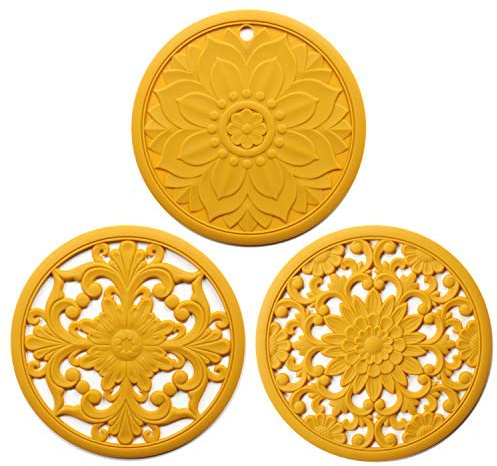 Set di 3 sottopentola in silicone, 3 sottopentola multiuso finemente intagliati per piatti caldi, tappetini da cucina, tappetini da tavola, flessibili, durevoli, antiscivolo, sottobicchieri (giallo)