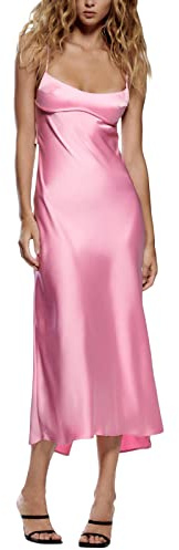 FeMereina Women's Elegant Satin Silk Slip Maxi Dress Low Cut Sleeveless Spaghetti Straps Bodycon Long Dress Evening Party Formal Dress (Pink, Small)
