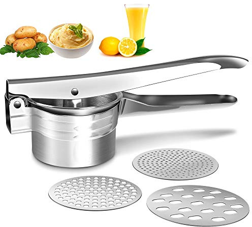 Potato Ricer Stainless Steel Masher, Large Capacity 15oz Potato Masher Kitchen Tool for Potatoes, Fruits, Vegetables and Baby Food, Juicer, Vegetable Strainer with 3 Interchangeable Ricing Discs