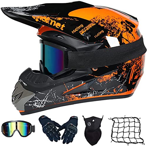 WYXAXNM Casco de moto de cross, casco de motocross, casco para niños, casco de moto de descenso, casco de cross, con gafas protectoras, máscara y guantes de red, certificado DOT, S-XL (52 – 59 cm
