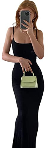 Geagodelia Women's Summer Maxi Dress Ladies Sexy Spaghetti Strap/Long Sleeve Bodycon Long Party Dresses Y2k Aesthetic Clothes Rave Outfit Skims Dupes (A - Black, XS)