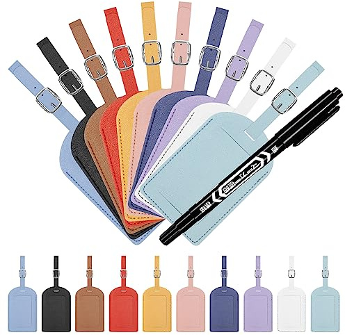Swpeet - Etichette per bagagli in pelle sintetica, confezione da 11 pezzi in 10 colori, con pennarello, etichette identificative in pelle PU per valigie con anello, etichette per la privacy, etichette