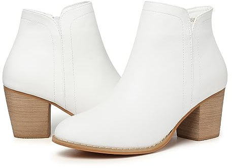 SHIBEVER Women's Ankle Boots Heel: White Chunky Block Heels Slip On Almond Toe Boots Side Zip Leather Booties 9