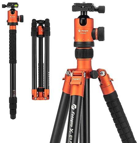 Fotopro Trépied de voyage léger pour appareil photo reflex numérique de 172,7 cm avec tête sphérique, monopode amovible avec plaque à dégagement rapide et sac, charge jusqu'à 12 kg (orange)