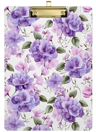 Portapapeles acrílico con flores rosas y violetas, lindo tablero de clip o profesores, estudiantes, enfermeras, portapapeles de tamaño estándar, clip plateado de perfil bajo, pestaña retráctil para