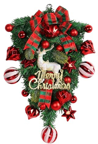 MISNODE 19-Zoll-Weihnachtsgirlande, Weihnachtsgirlande, Dekoriert mit Roten Früchten, Hirsch, Hängende Simulationsblume für Haustür, Garten, Wanddekoration(#1)