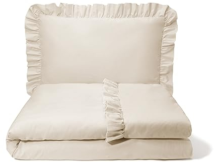 balbina Kinderbettwäsche Baumwolle, 2-teilige Babybettwäsche, Bettwäsche-Set für Kinder, Bettwäsche mit Rüsche & Reißverschluss, Bettbezug 100 x 135 cm & Kopfkissenbezug 60 x 40 cm, Hellbeige