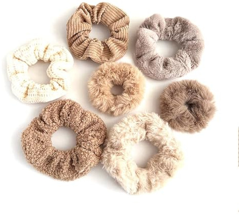 Wisafory 7 Stück Haargummis Scrunchies Set Plüsch Haar Ringe Zopfgummi Elastisches Haarband Pelziges Haarseil Haargummiband Pferdeschwanzhalter Haarschmuck für Frauen Mädchen Kaffee Set