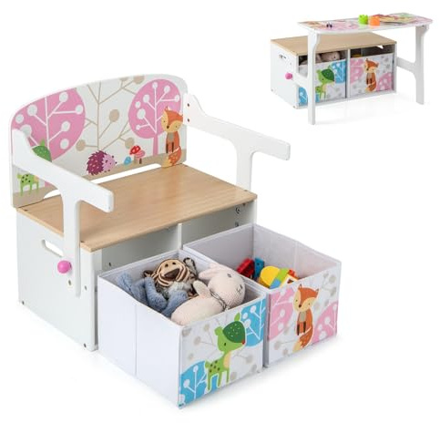LIFEZEAL Panca portaoggetti 3 in 1 con 2 cassetti, cassapanca in legno, set tavolo con sgabello per bambini 3-7 anni, sedile con carico 60 kg, vassoio con carico 10 kg (bianco)